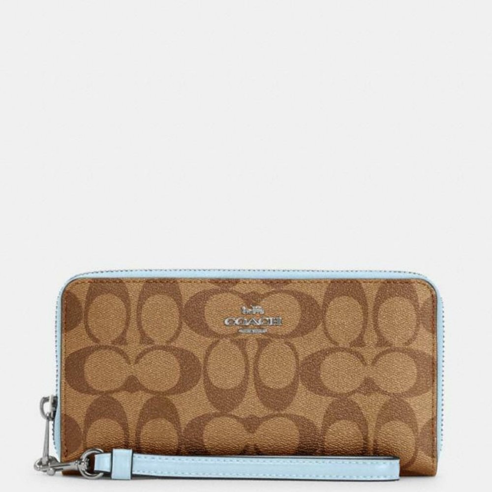 Authentic COACH Zip Around Credit Card Wallet Wristlet Blue Strap Clutch Purse